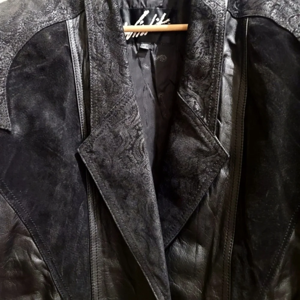 Winlit ✦ 80s Black Genuine Leather Trench Coat ✦ Paneled Vintage Longline M - Picture 10 of 16